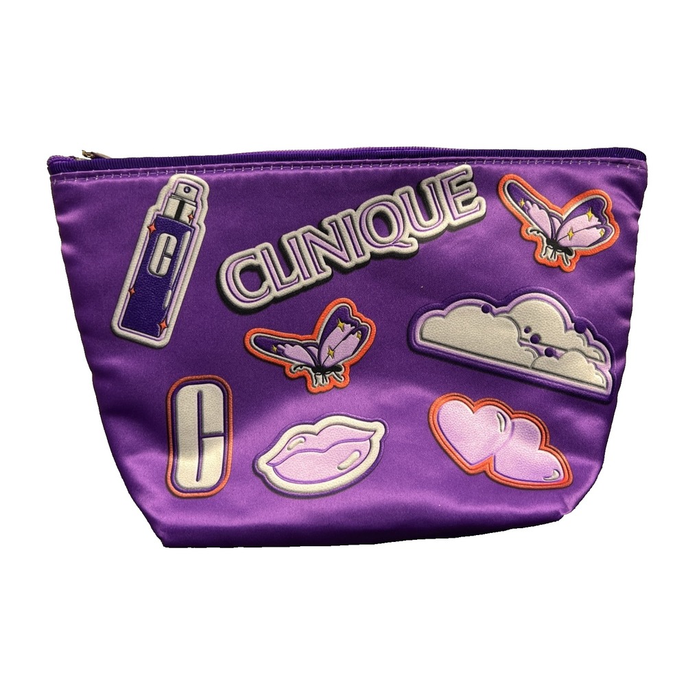 Clinique Makeup Cosmetics Bag Zippered Purple Butterfly Lips Heart Case Pouch